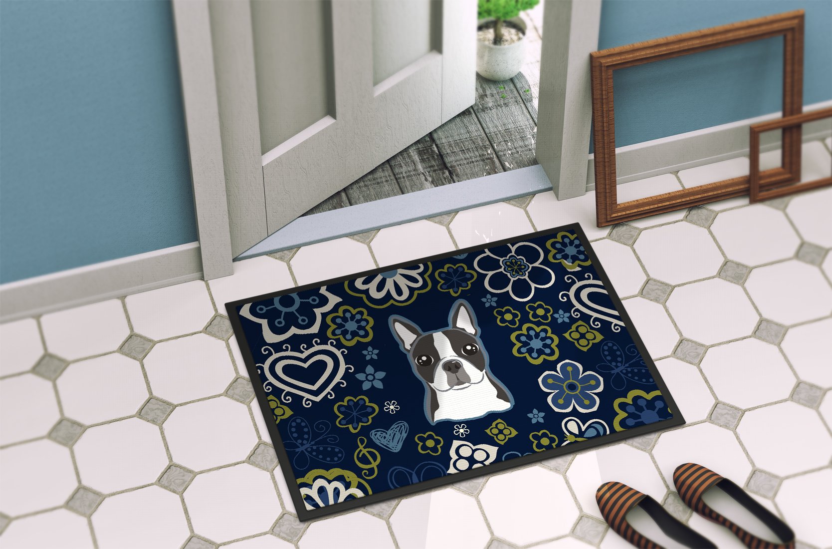 Blue Flowers Boston Terrier Indoor or Outdoor Mat 24x36 BB5054JMAT by Caroline's Treasures