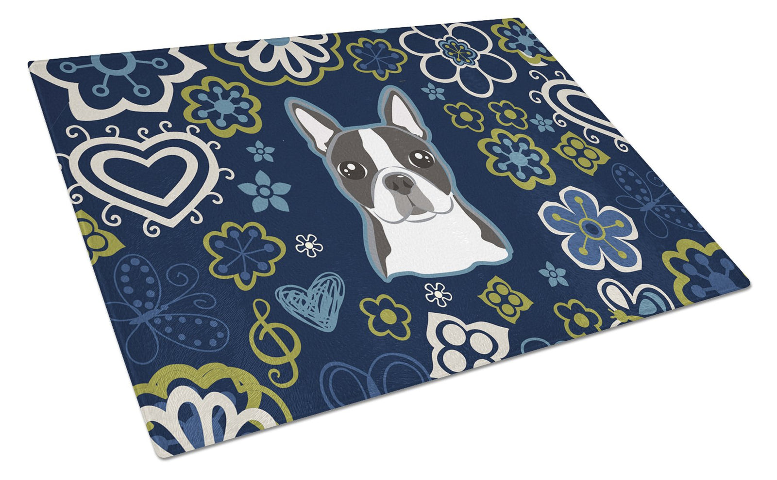 Blue Flowers Boston Terrier Glass Cutting Board Large BB5054LCB by Caroline's Treasures