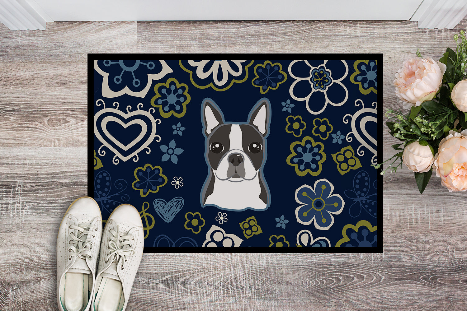 Blue Flowers Boston Terrier Indoor or Outdoor Mat 18x27 BB5054MAT - the-store.com