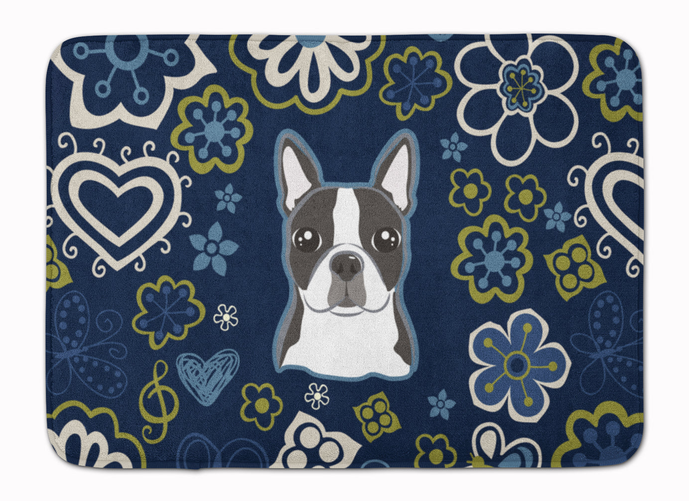 Blue Flowers Boston Terrier Machine Washable Memory Foam Mat BB5054RUG - the-store.com