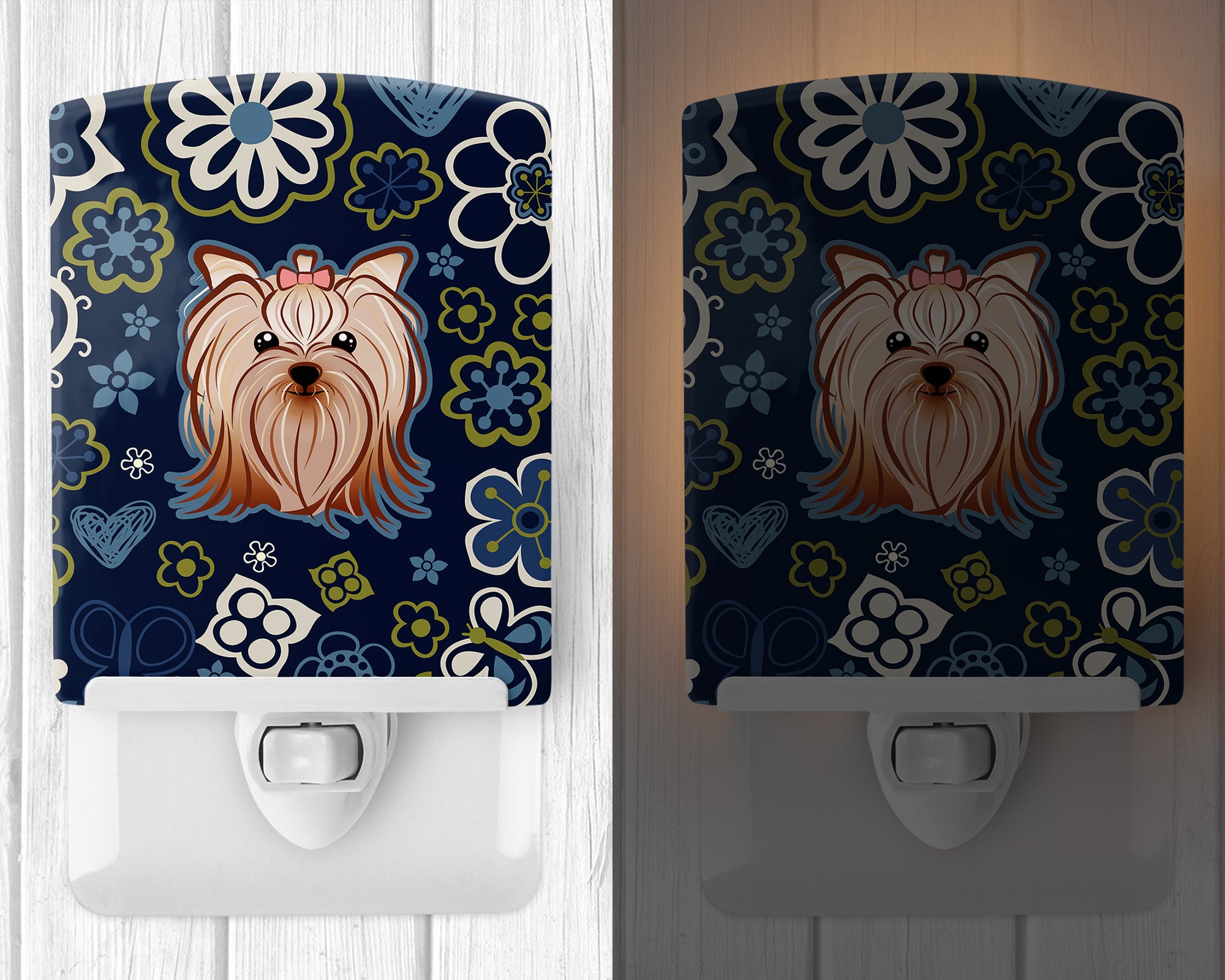 Blue Flowers Yorkie Yorkishire Terrier Ceramic Night Light BB5055CNL - the-store.com