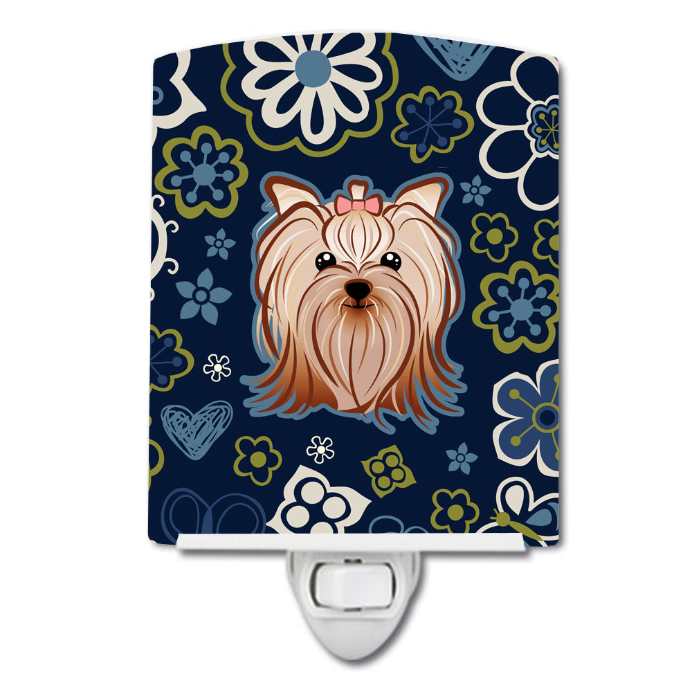 Blue Flowers Yorkie Yorkishire Terrier Ceramic Night Light BB5055CNL - the-store.com