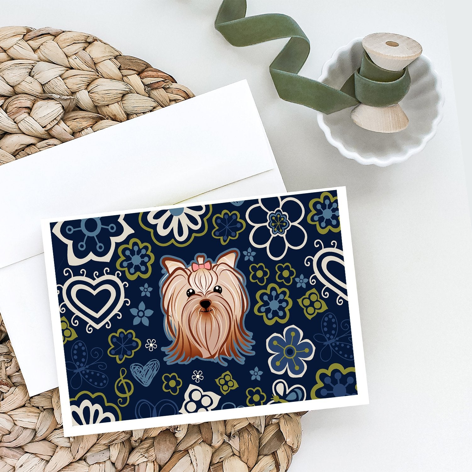 Blue Flowers Yorkie Yorkishire Terrier Greeting Cards and Envelopes Pack of 8 - the-store.com