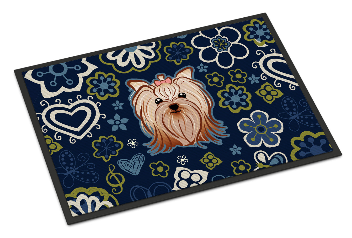 Blue Flowers Yorkie Yorkishire Terrier Indoor or Outdoor Mat 18x27 BB5055MAT - the-store.com