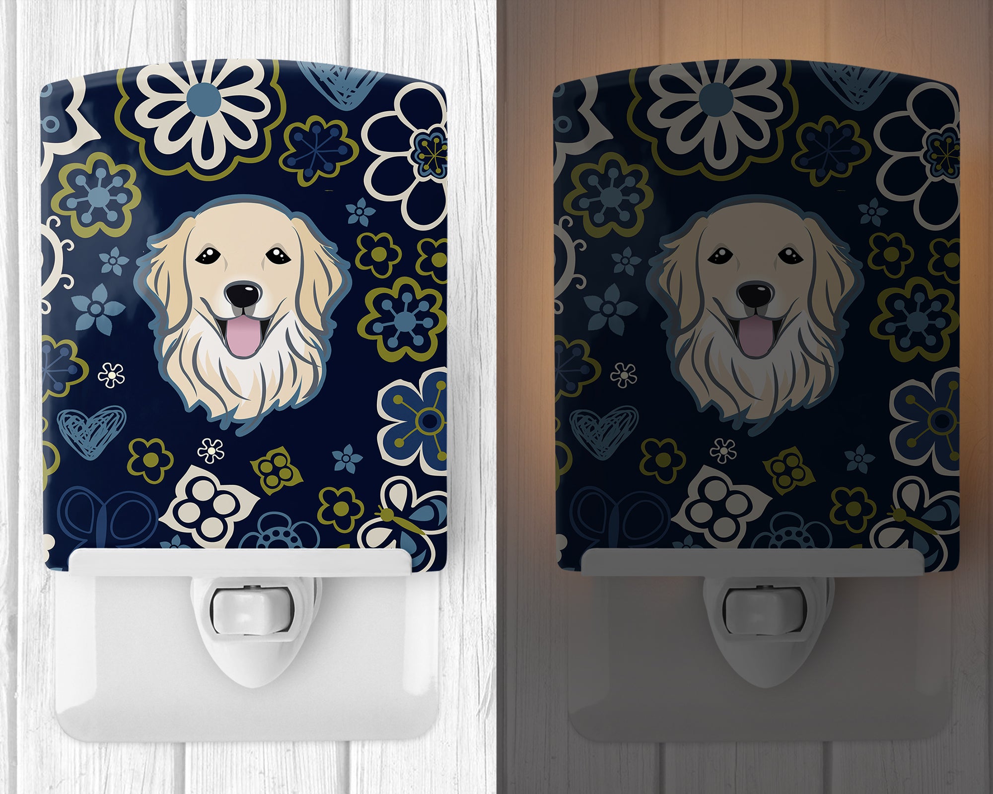 Blue Flowers Golden Retriever Ceramic Night Light BB5056CNL - the-store.com