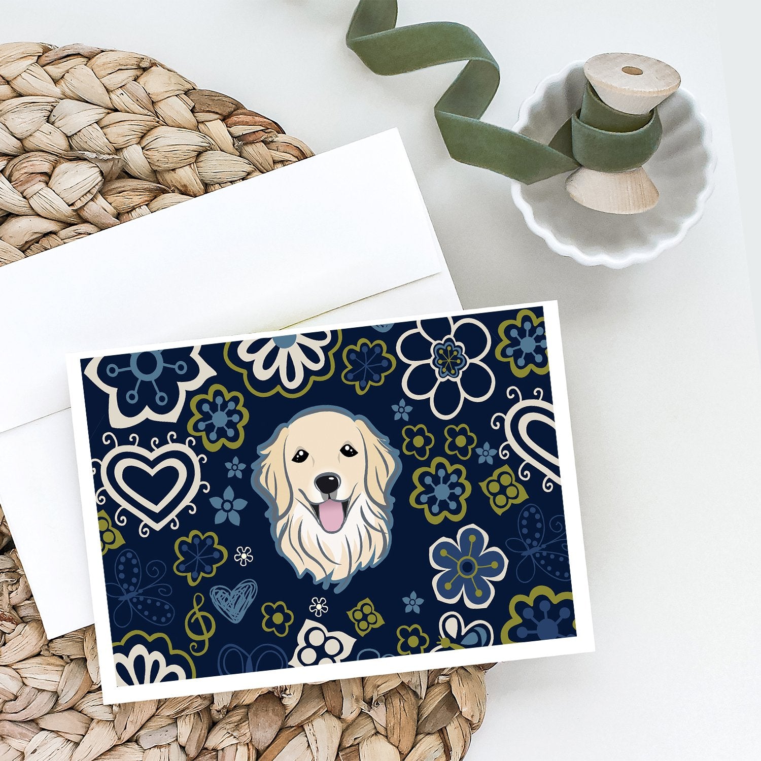 Buy this Blue Flowers Golden Retriever Greeting Cards and Envelopes Pack of 8