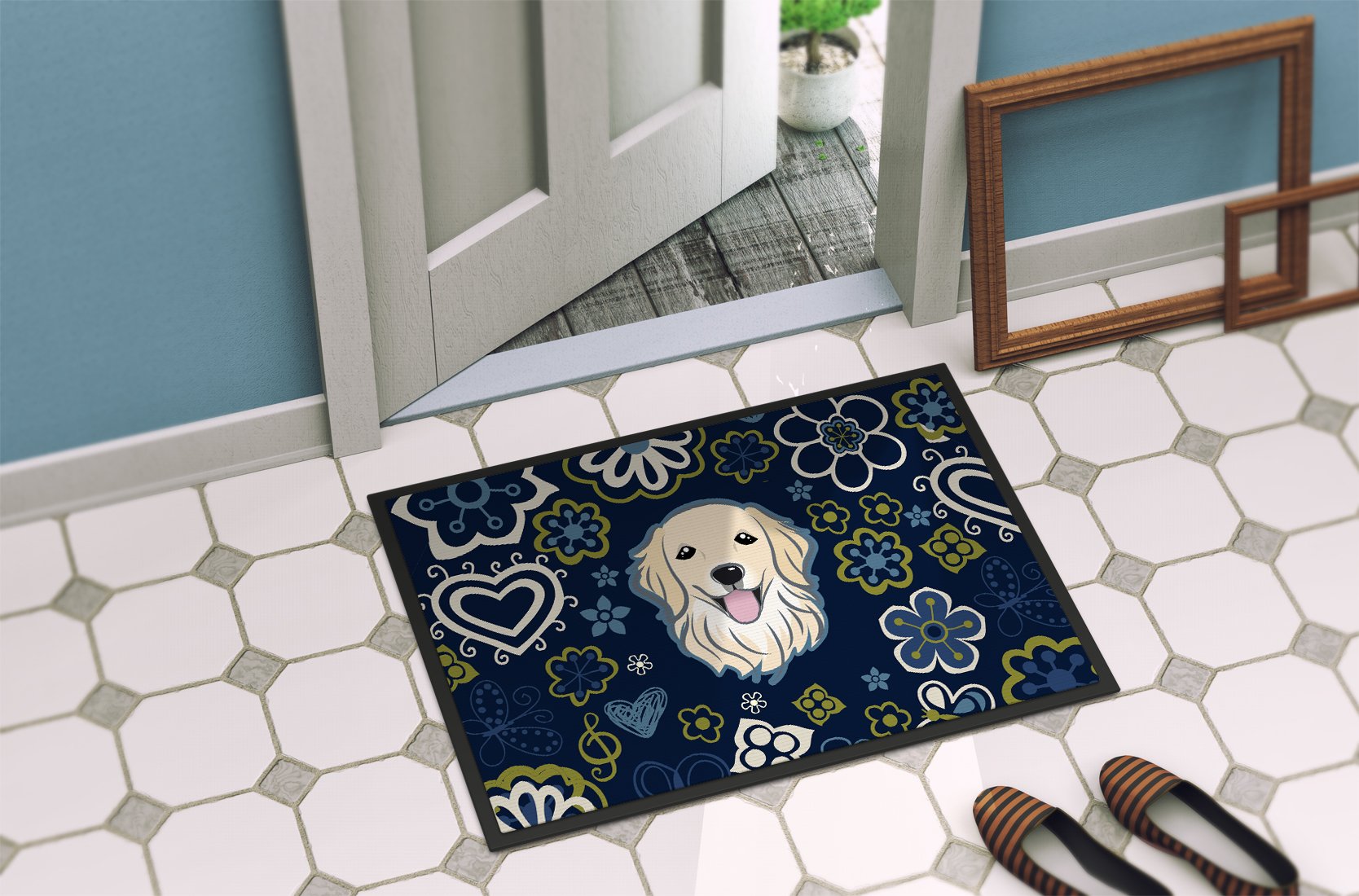 Blue Flowers Golden Retriever Indoor or Outdoor Mat 24x36 BB5056JMAT by Caroline's Treasures