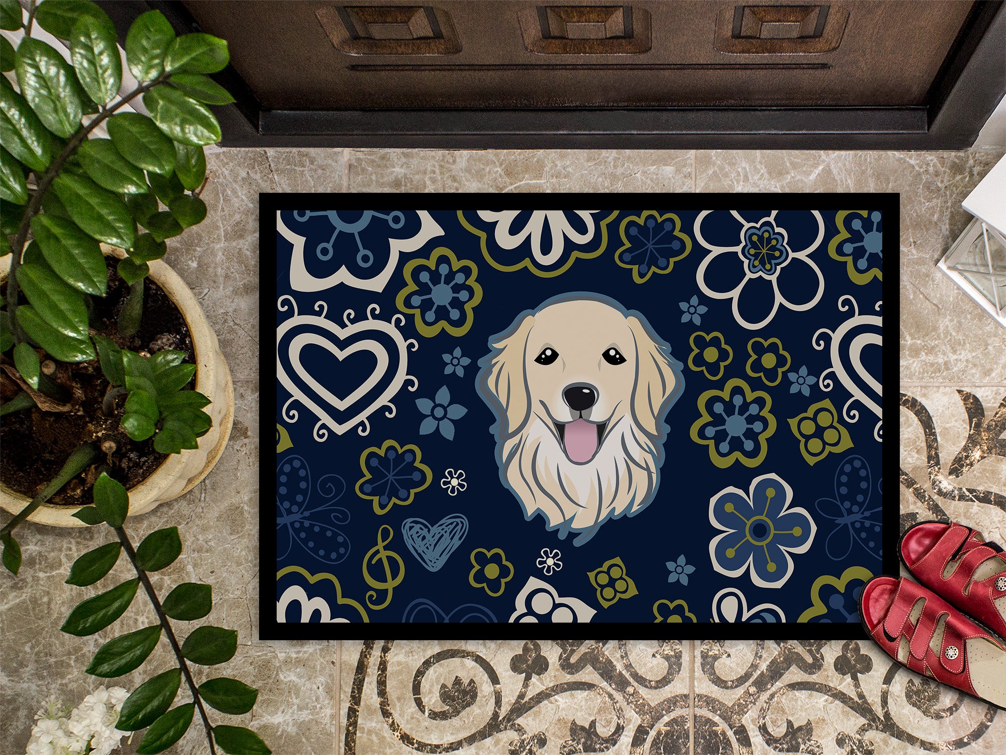 Blue Flowers Golden Retriever Indoor or Outdoor Mat 18x27 BB5056MAT - the-store.com