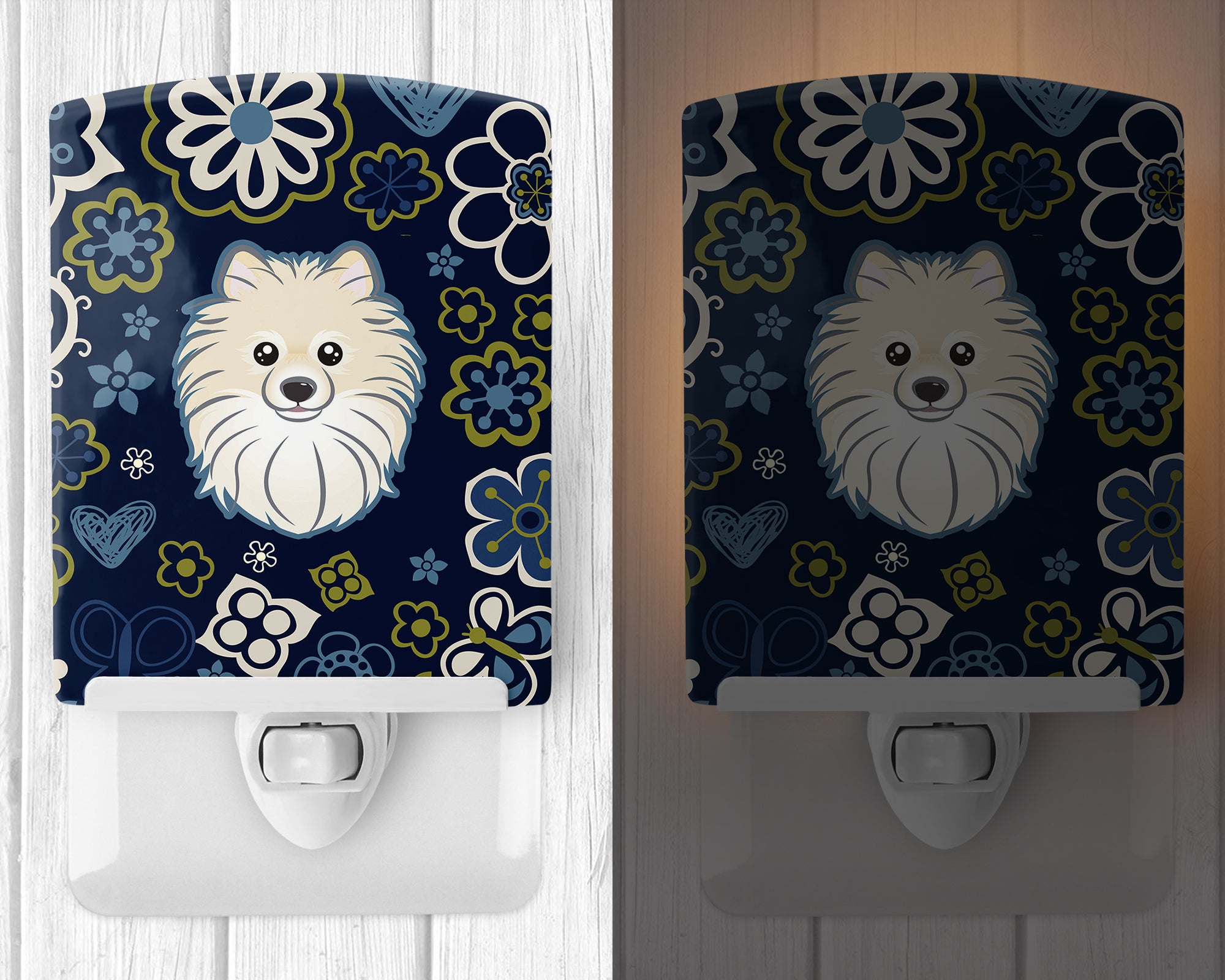 Blue Flowers Pomeranian Ceramic Night Light BB5058CNL - the-store.com