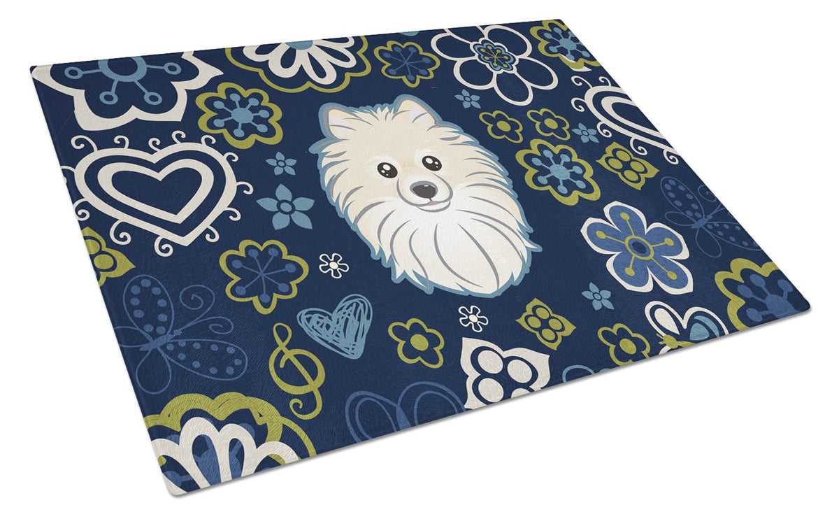 Blue Flowers Pomeranian Glass Cutting Board Large BB5058LCB by Caroline&#39;s Treasures