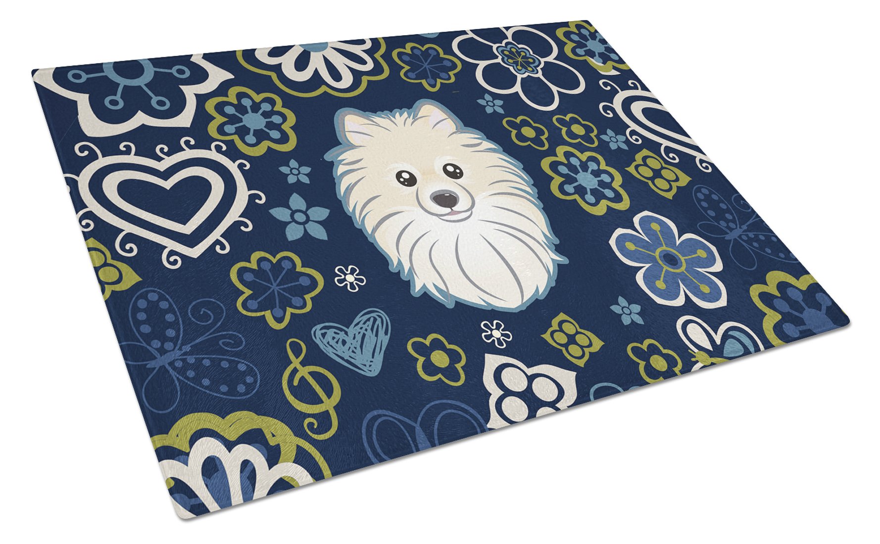 Blue Flowers Pomeranian Glass Cutting Board Large BB5058LCB by Caroline's Treasures