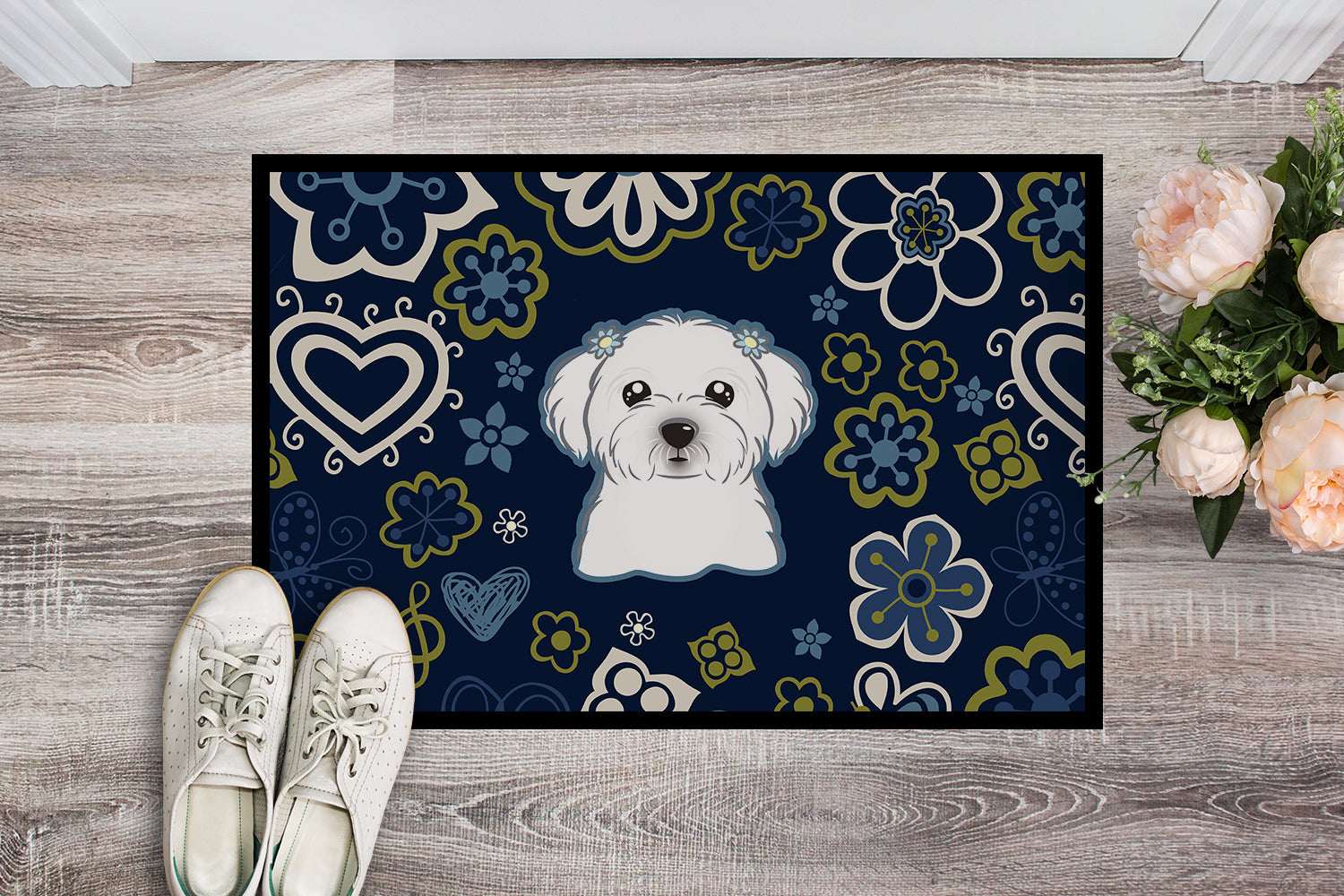 Blue Flowers Maltese Indoor or Outdoor Mat 18x27 BB5059MAT - the-store.com