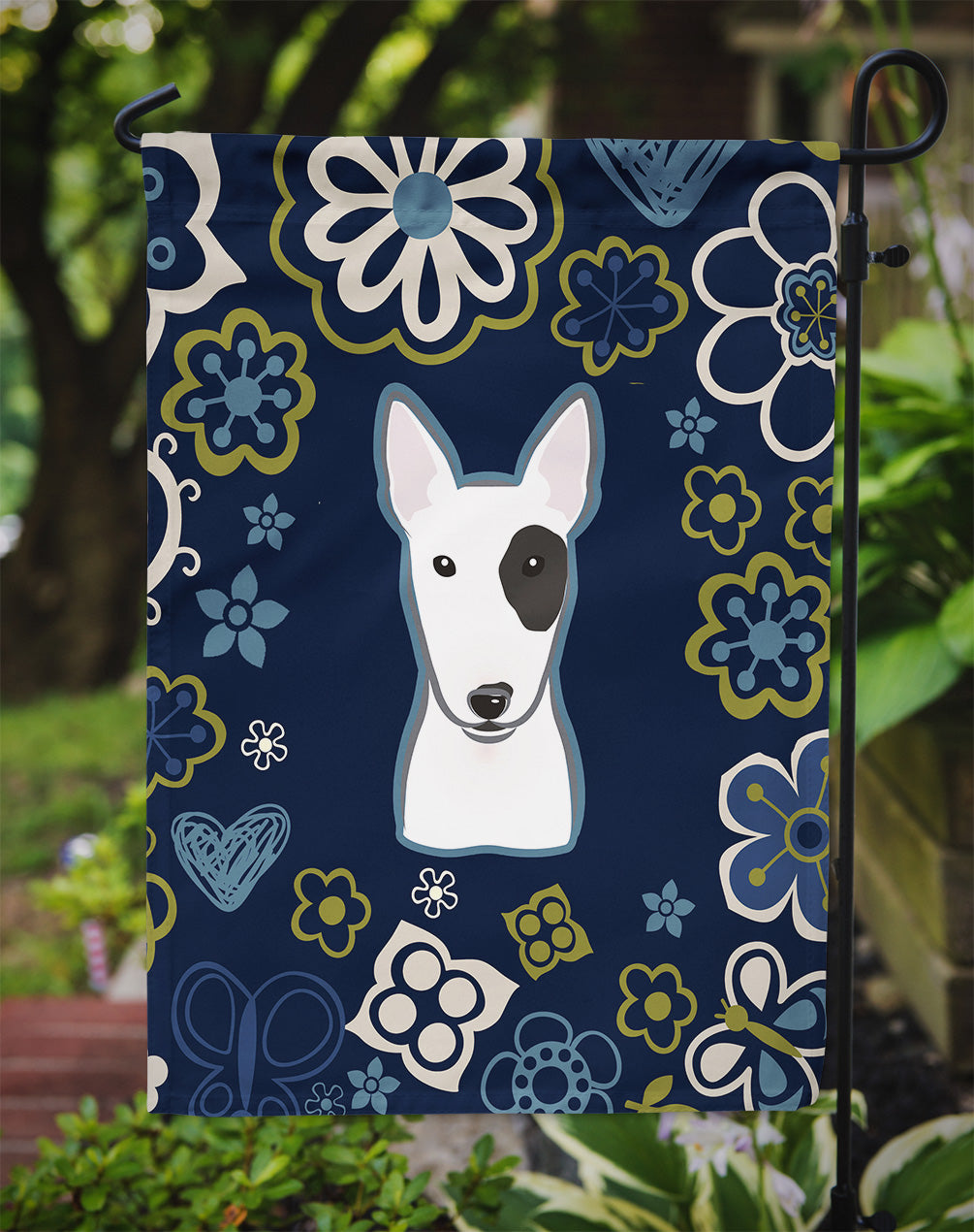 Blue Flowers Bull Terrier Flag Garden Size  the-store.com.