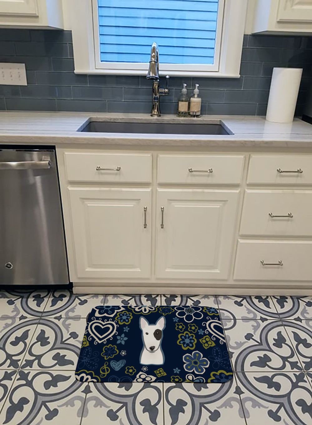 Blue Flowers Bull Terrier Machine Washable Memory Foam Mat BB5060RUG - the-store.com