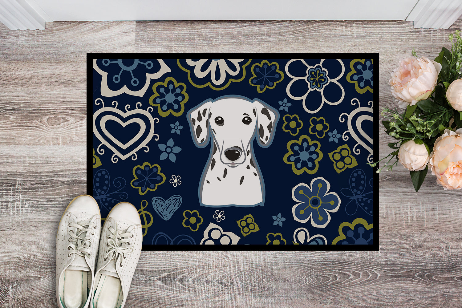 Blue Flowers Dalmatian Indoor or Outdoor Mat 18x27 BB5061MAT - the-store.com