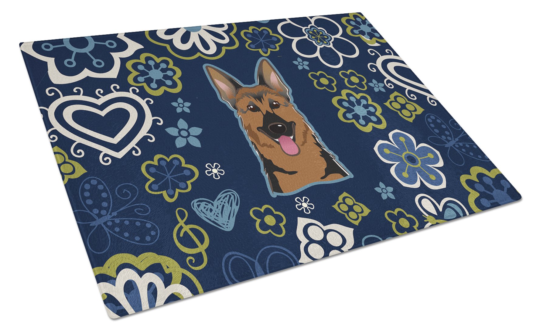 Blue Flowers German Shepherd Glass Cutting Board Large BB5062LCB by Caroline's Treasures