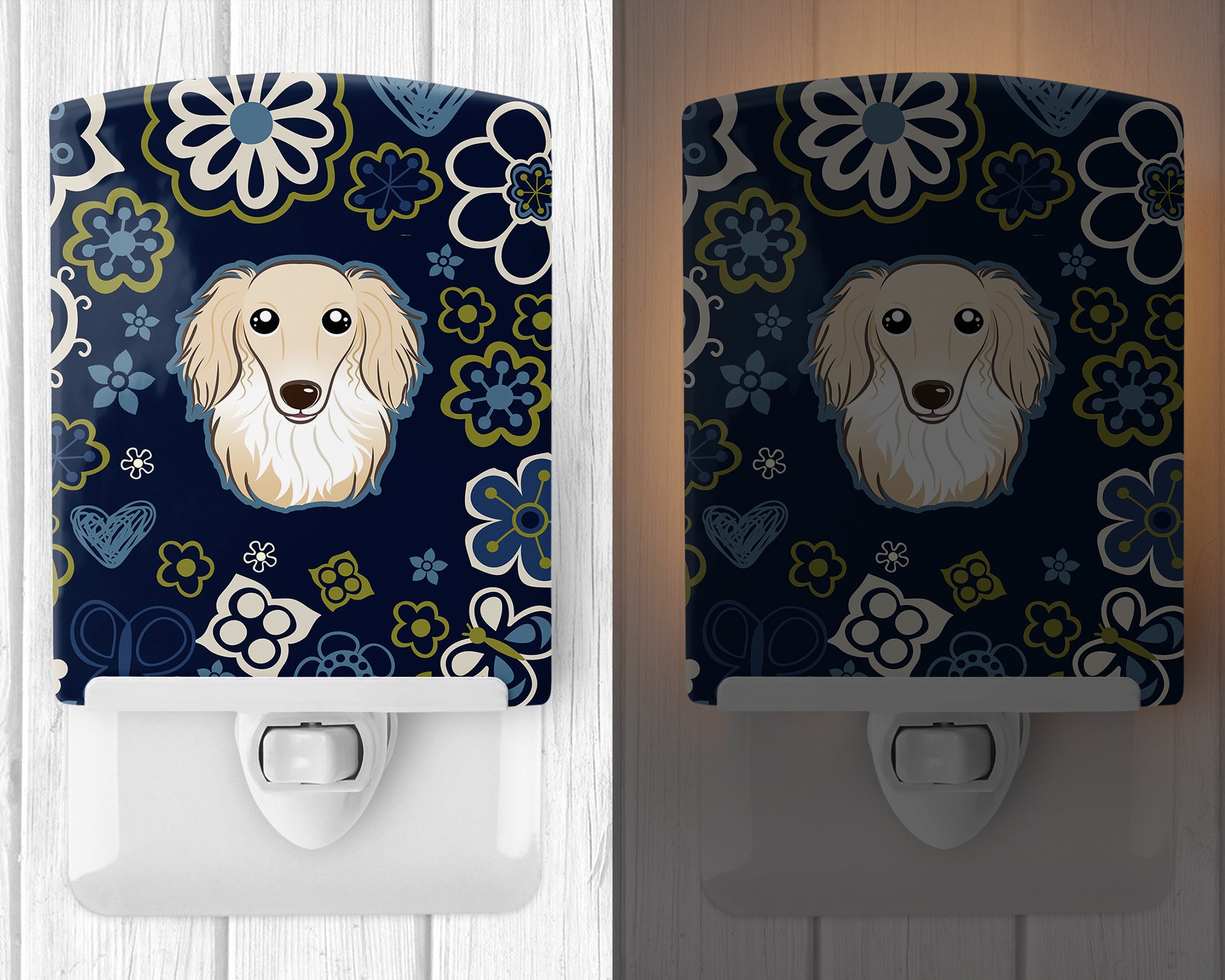 Blue Flowers Longhair Creme Dachshund Ceramic Night Light BB5063CNL - the-store.com