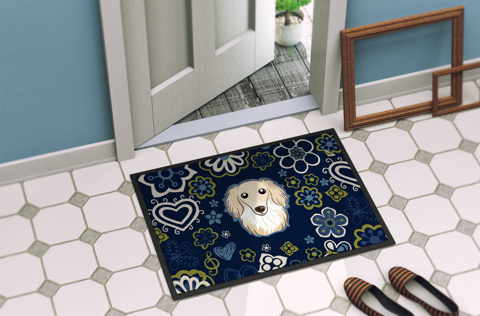 Blue Flowers Longhair Creme Dachshund Indoor or Outdoor Mat 24x36 BB5063JMAT by Caroline's Treasures