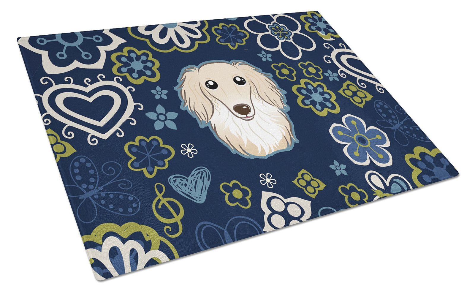 Blue Flowers Longhair Creme Dachshund Glass Cutting Board Large BB5063LCB by Caroline's Treasures