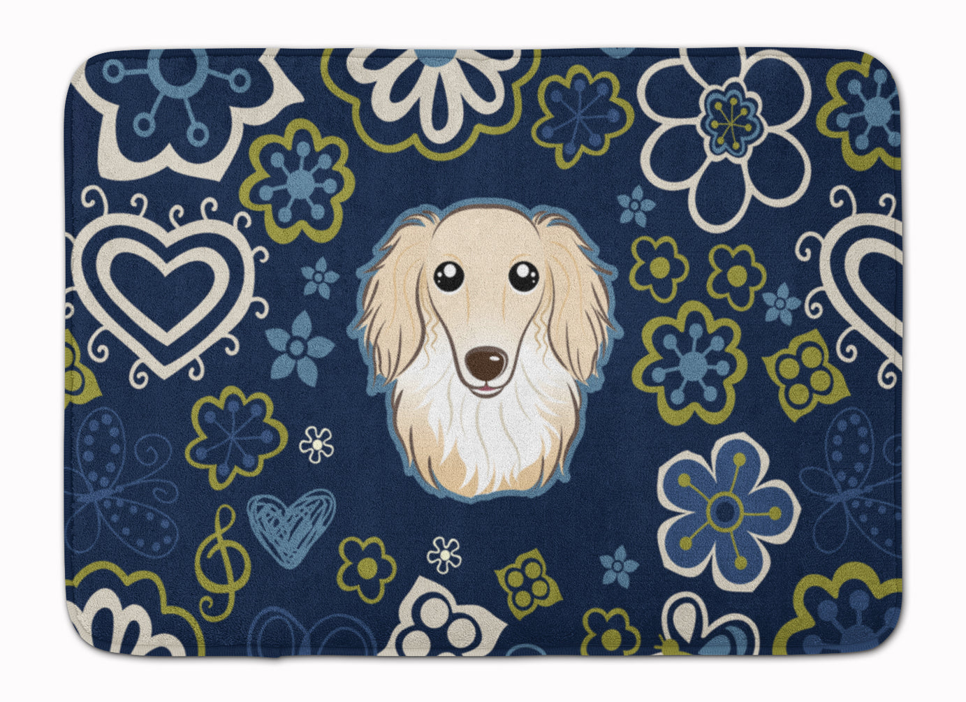 Blue Flowers Longhair Creme Dachshund Machine Washable Memory Foam Mat BB5063RUG - the-store.com