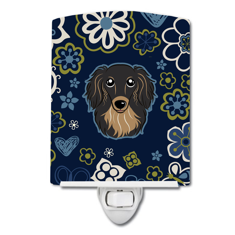 Blue Flowers Longhair Black and Tan Dachshund Ceramic Night Light BB5064CNL - the-store.com