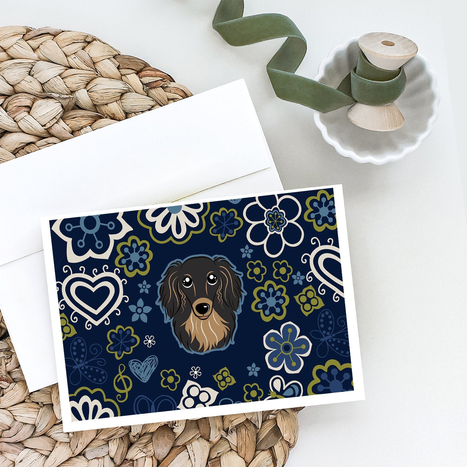 Blue Flowers Longhair Black and Tan Dachshund Greeting Cards and Envelopes Pack of 8 - the-store.com