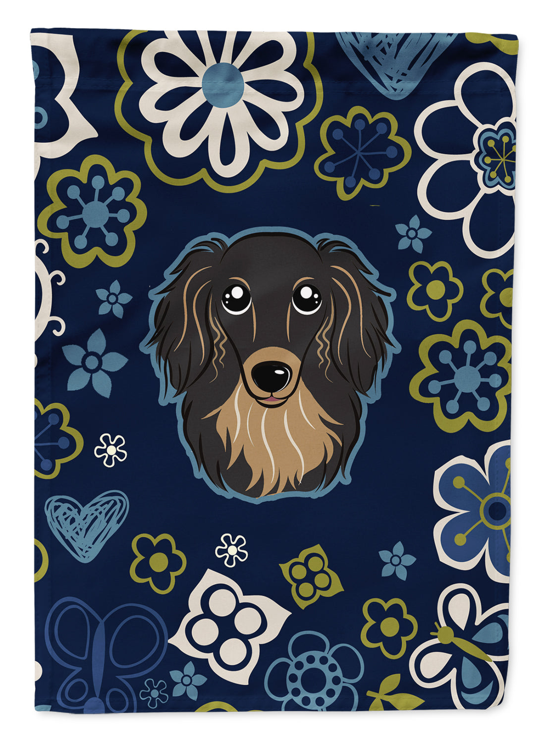 Blue Flowers Longhair Black and Tan Dachshund Flag Garden Size BB5064GF  the-store.com.