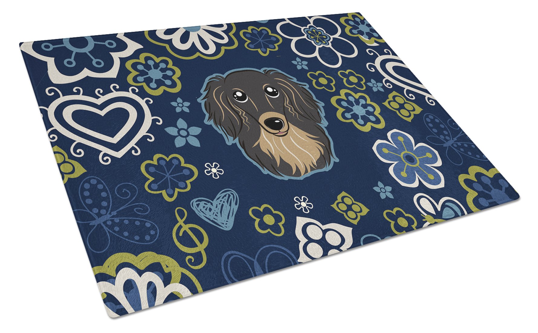 Blue Flowers Longhair Black and Tan Dachshund Glass Cutting Board Large BB5064LCB by Caroline's Treasures