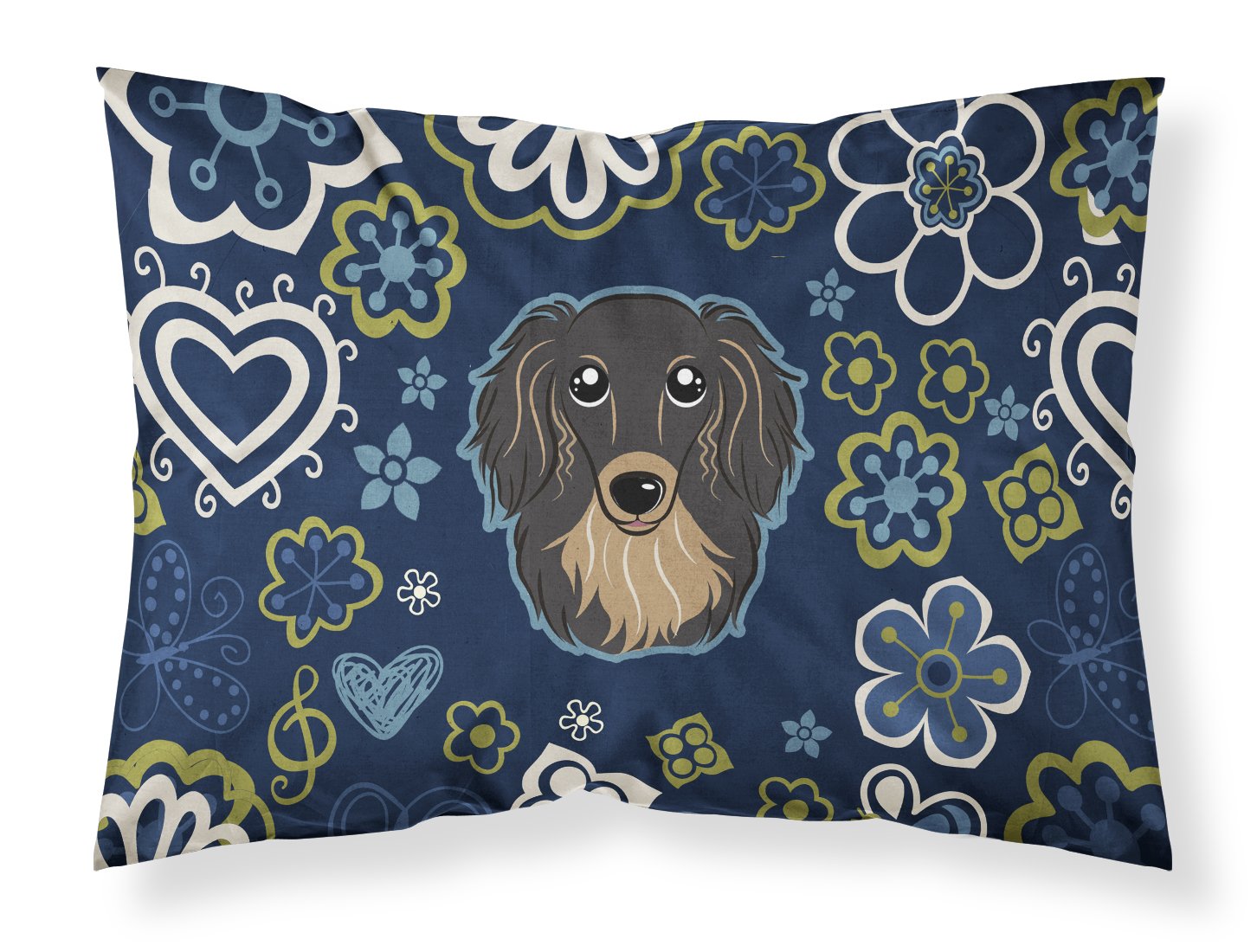 Blue Flowers Longhair Black and Tan Dachshund Fabric Standard Pillowcase BB5064PILLOWCASE by Caroline's Treasures