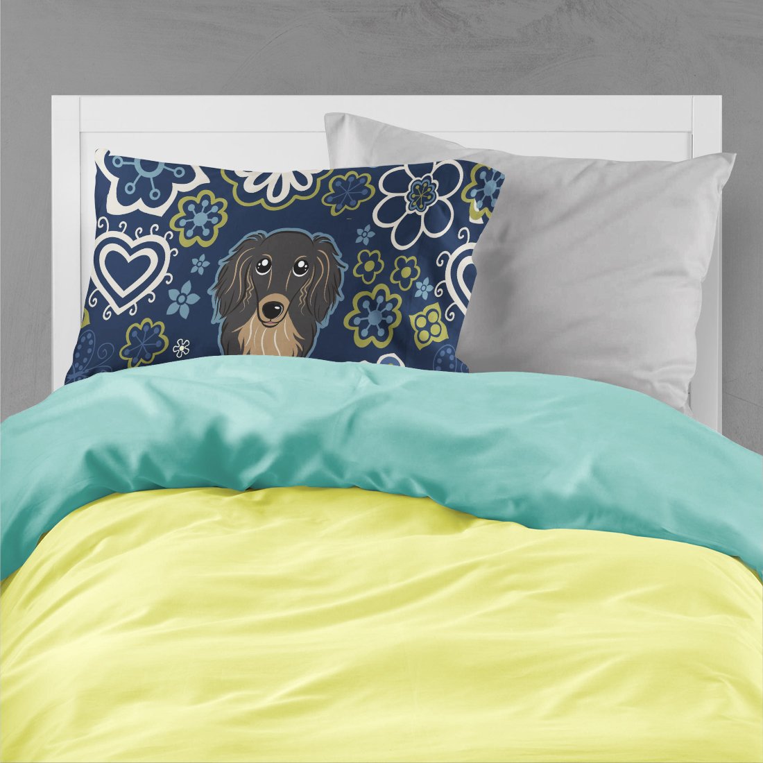 Blue Flowers Longhair Black and Tan Dachshund Fabric Standard Pillowcase BB5064PILLOWCASE by Caroline's Treasures