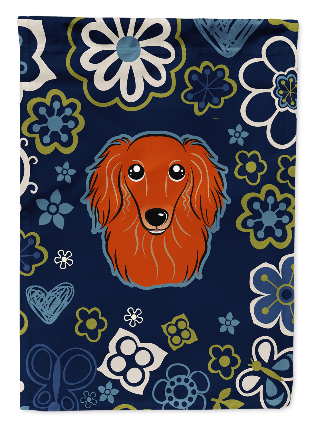 Blue Flowers Longhair Red Dachshund Flag Garden Size BB5065GF  the-store.com.