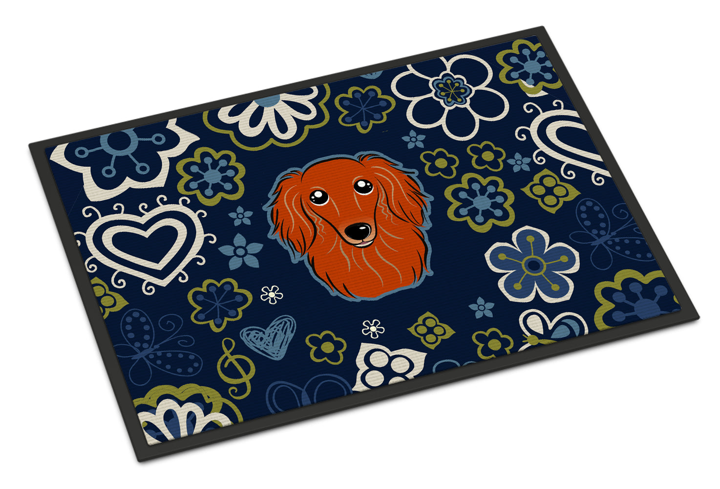 Blue Flowers Longhair Red Dachshund Indoor or Outdoor Mat 18x27 BB5065MAT - the-store.com