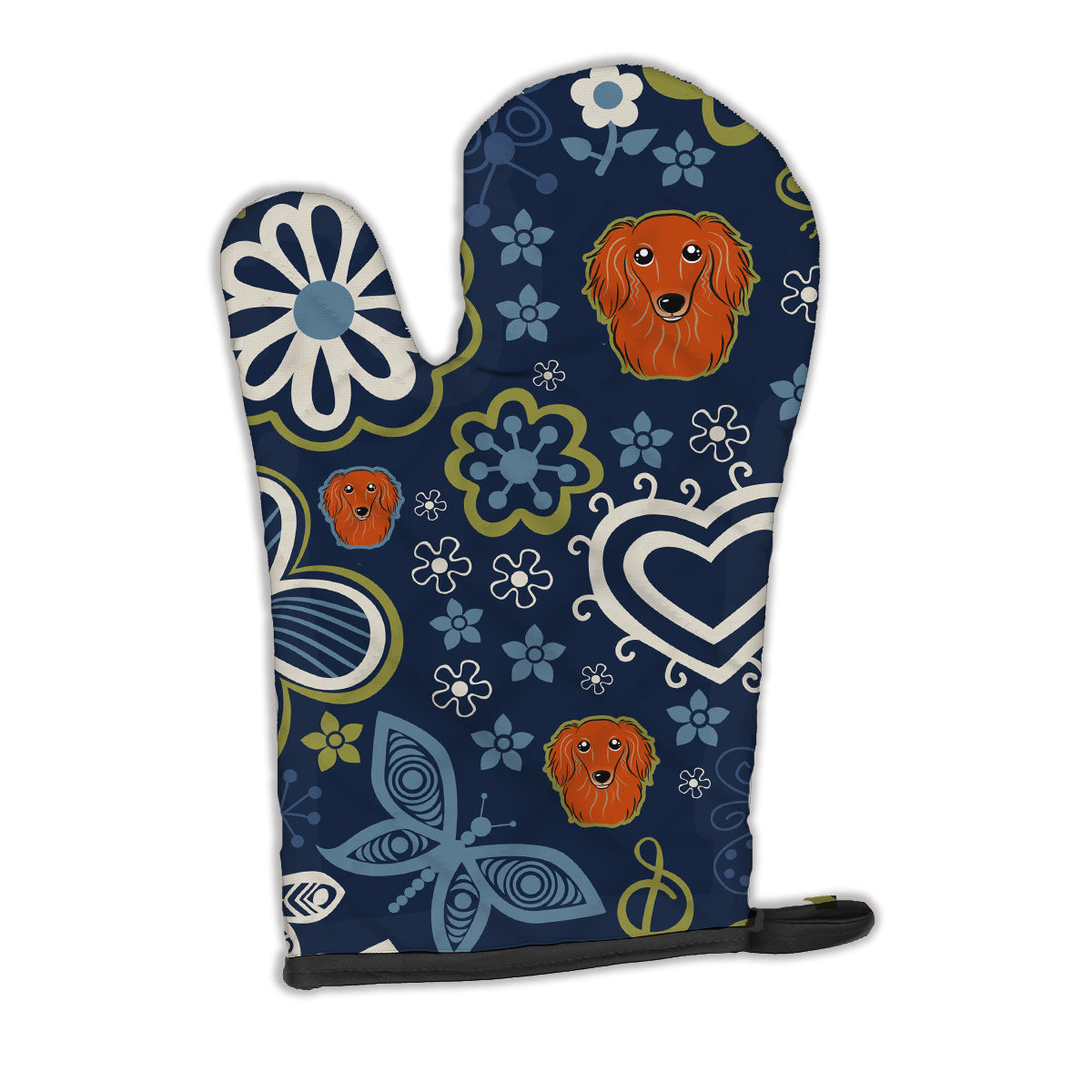 Blue Flowers Longhair Red Dachshund Oven Mitt BB5065OVMT  the-store.com.