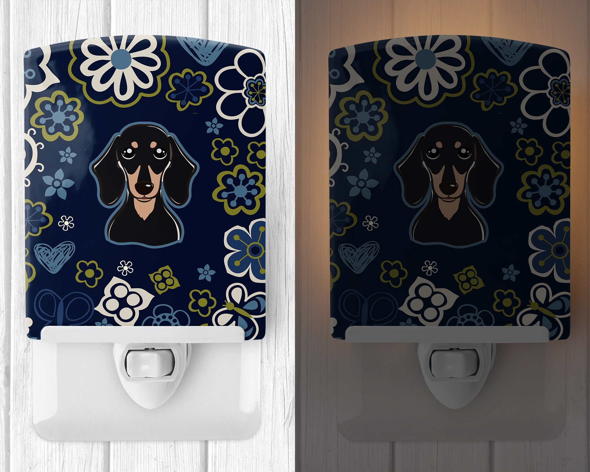 Blue Flowers Smooth Black and Tan Dachshund Ceramic Night Light BB5066CNL - the-store.com