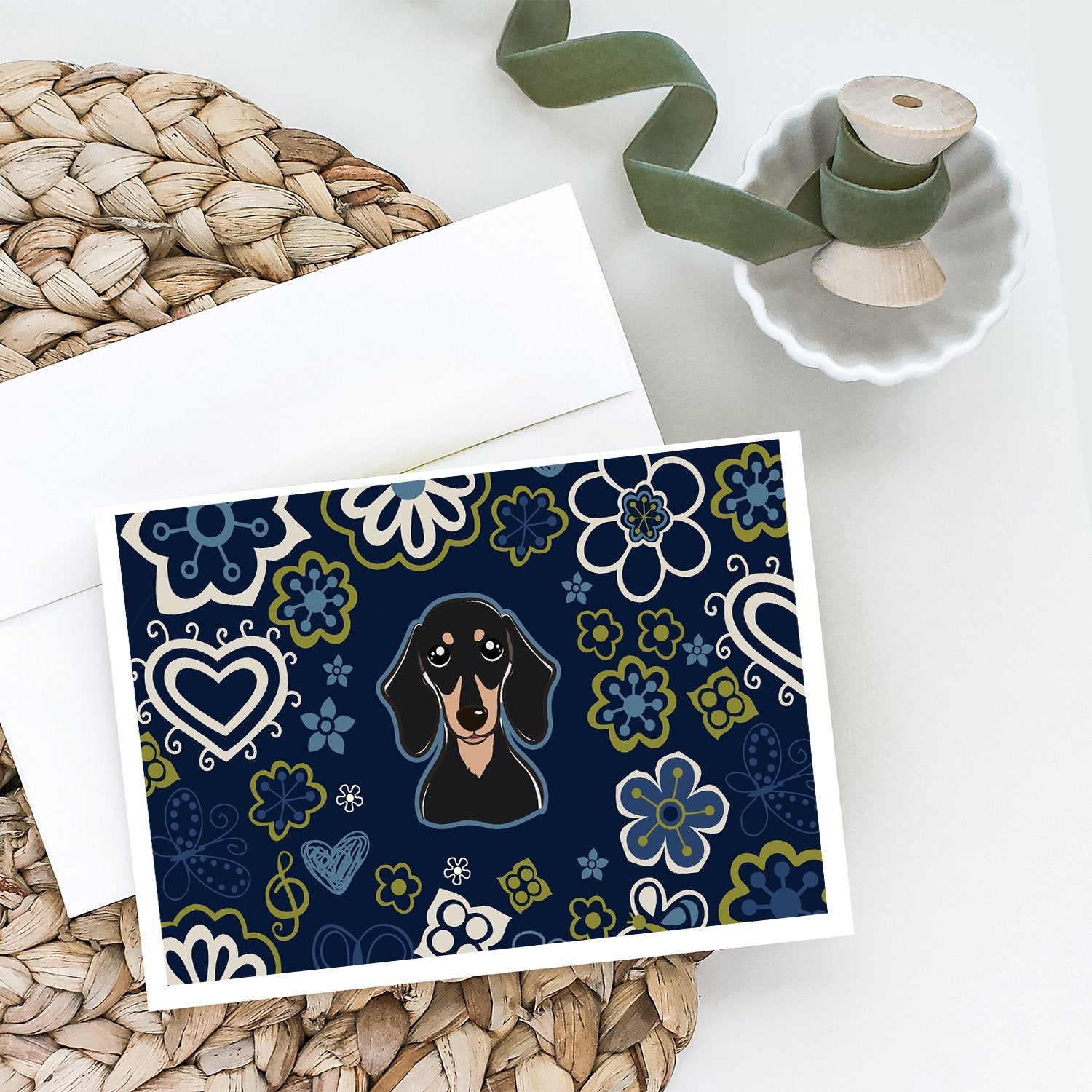 Buy this Blue Flowers Smooth Black and Tan Dachshund Greeting Cards and Envelopes Pack of 8