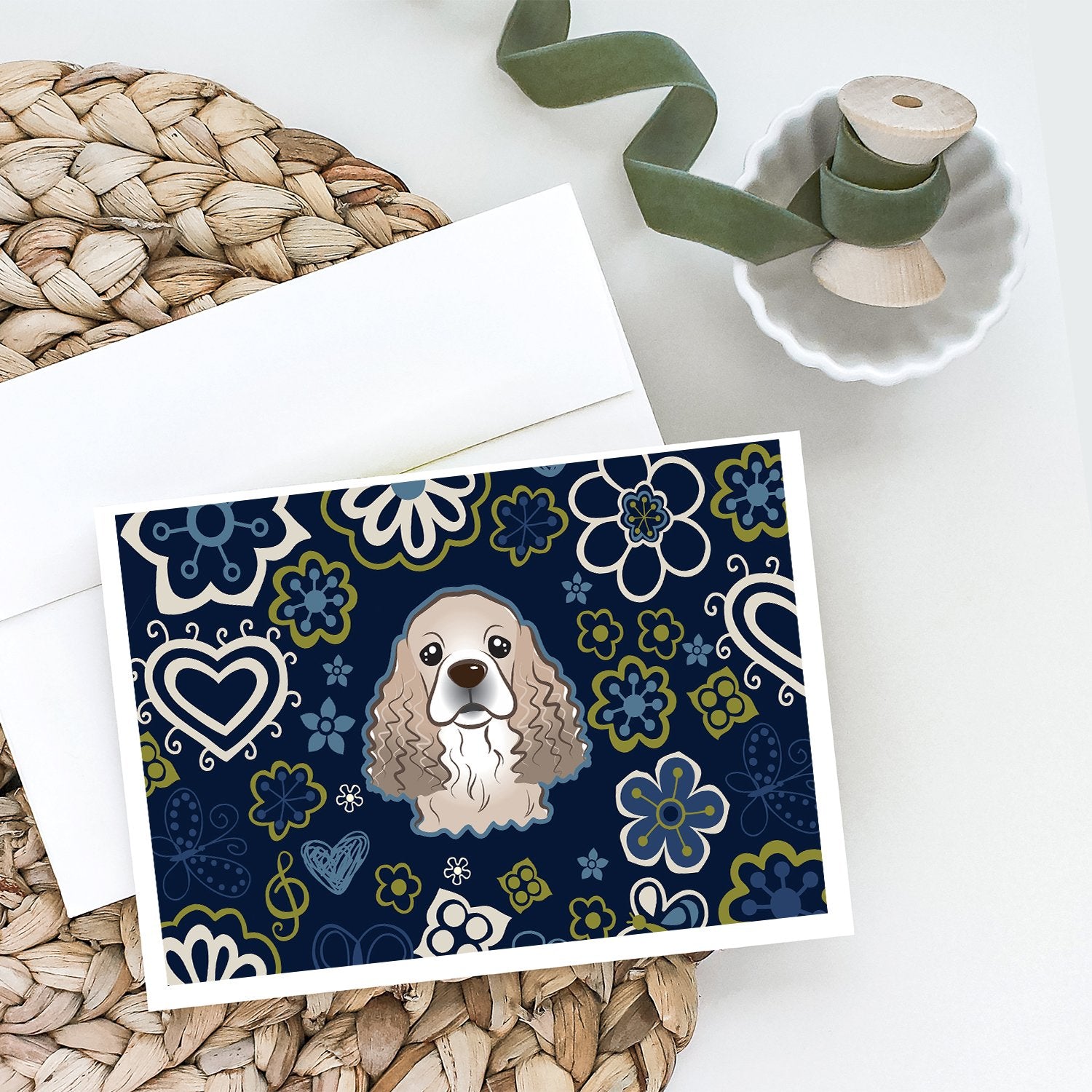 Buy this Blue Flowers Cocker Spaniel Greeting Cards and Envelopes Pack of 8