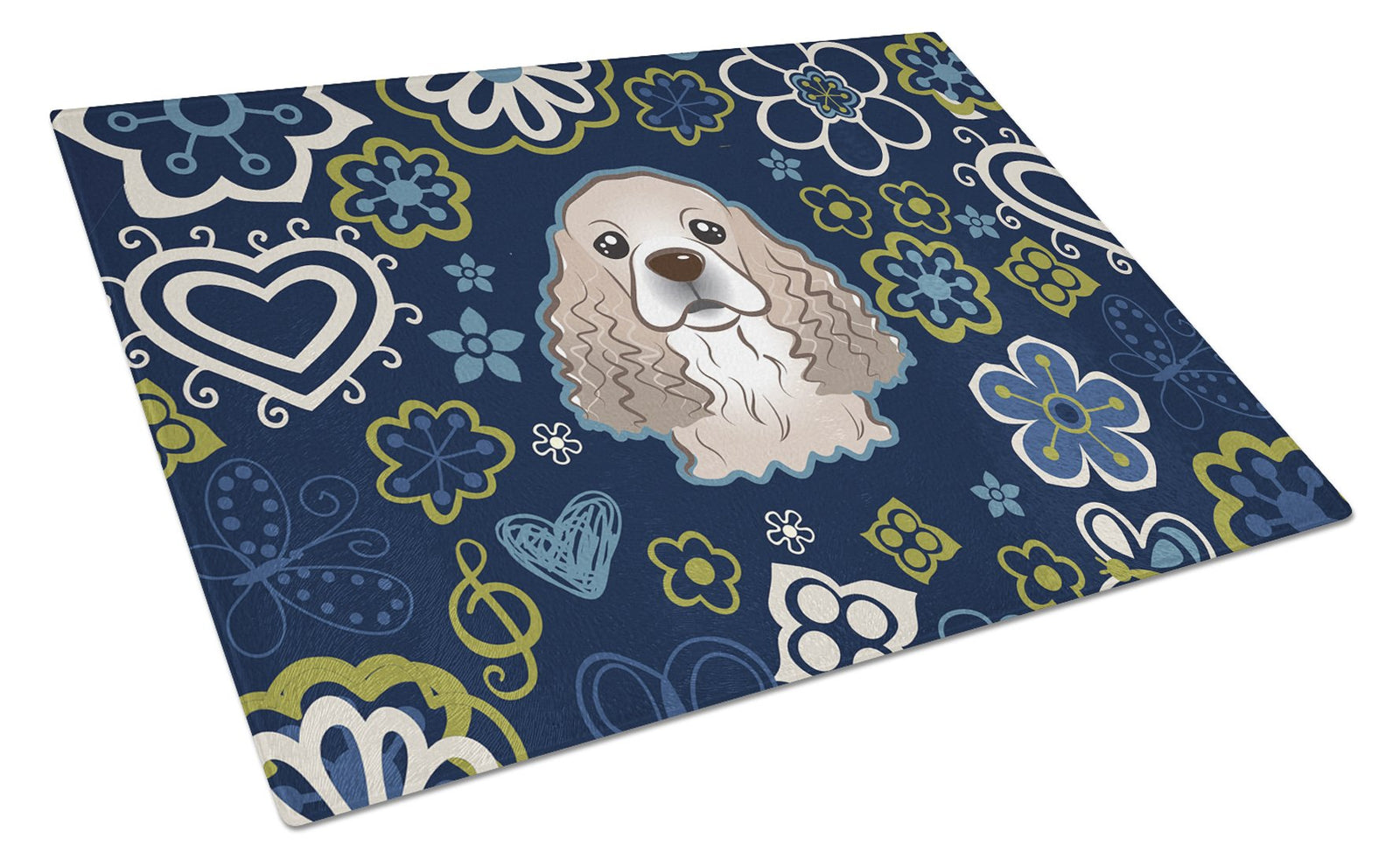 Blue Flowers Cocker Spaniel Glass Cutting Board Large BB5067LCB by Caroline's Treasures