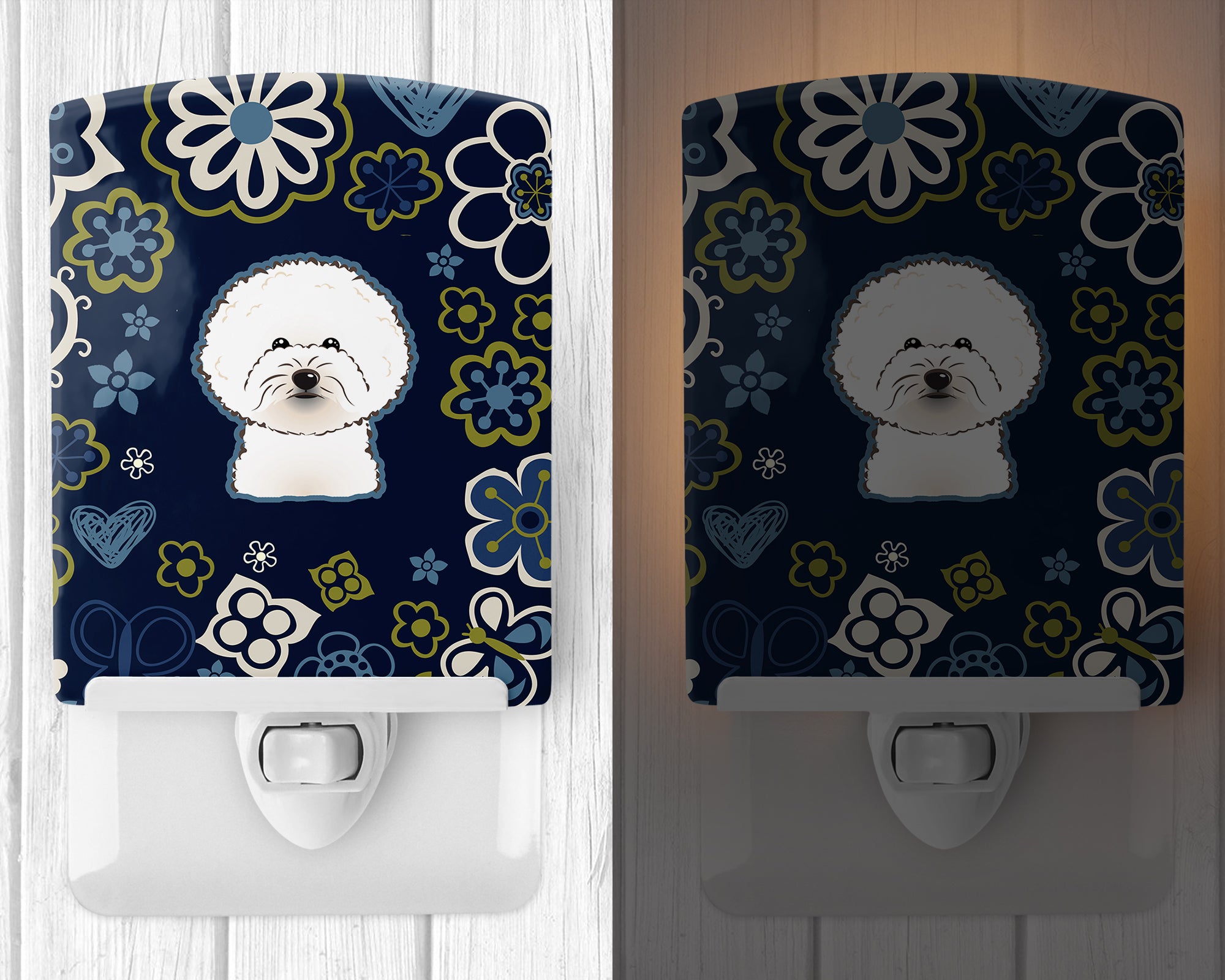 Blue Flowers Bichon Frise Ceramic Night Light BB5068CNL - the-store.com