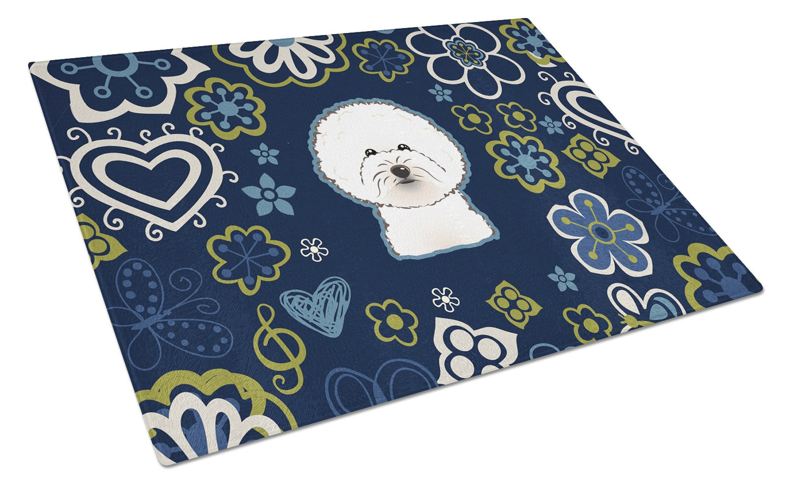 Blue Flowers Bichon Frise Glass Cutting Board Large BB5068LCB by Caroline's Treasures