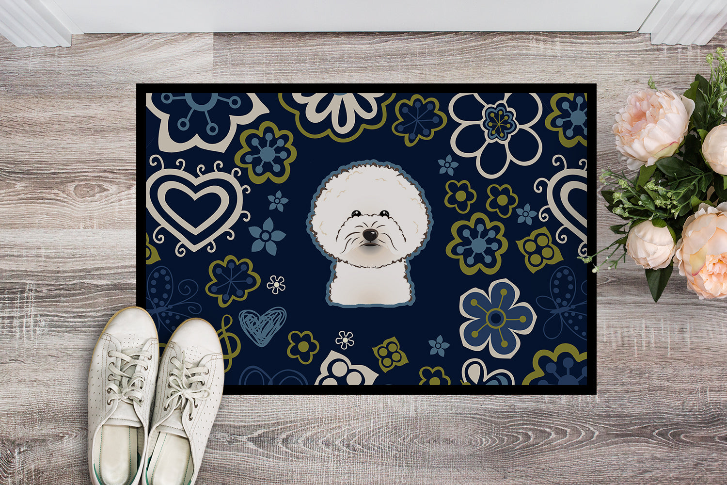 Blue Flowers Bichon Frise Indoor or Outdoor Mat 18x27 BB5068MAT - the-store.com