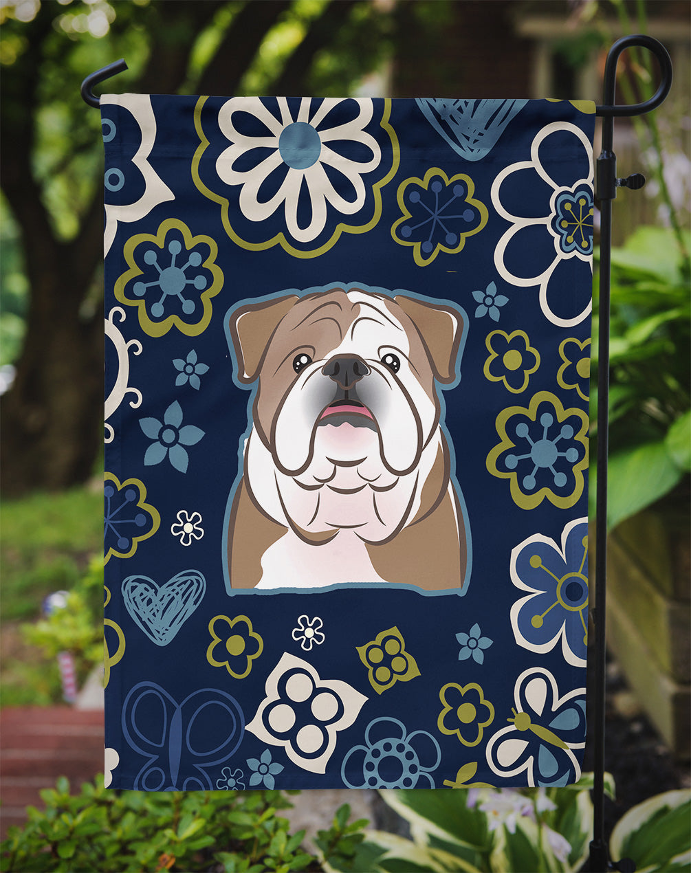 Blue Flowers English Bulldog Flag Garden Size  the-store.com.