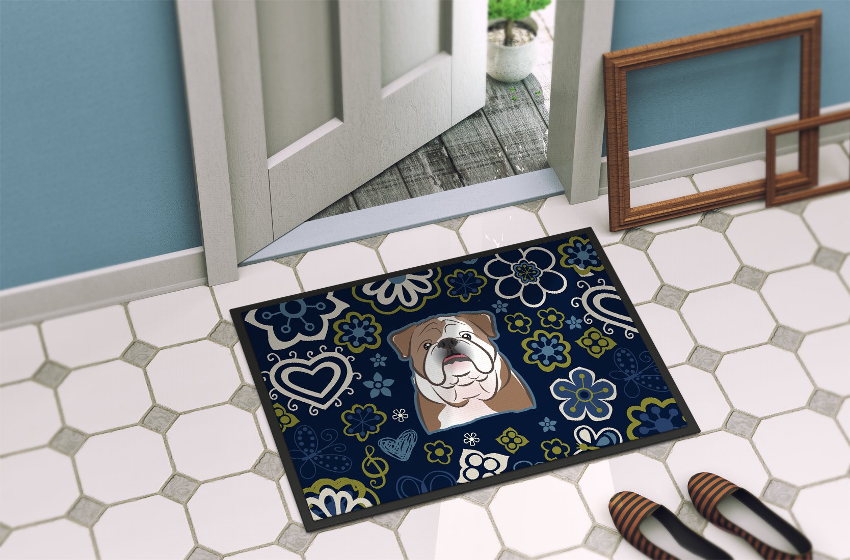 Blue Flowers English Bulldog  Indoor or Outdoor Mat 24x36 BB5070JMAT by Caroline's Treasures