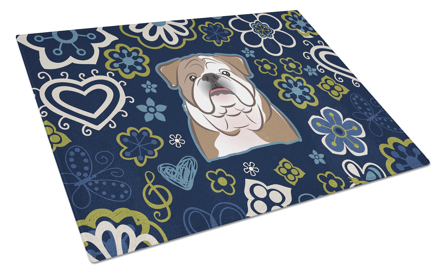 Blue Flowers English Bulldog  Glass Cutting Board Large BB5070LCB by Caroline's Treasures