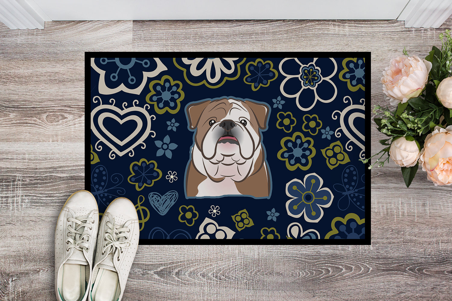 Blue Flowers English Bulldog  Indoor or Outdoor Mat 18x27 BB5070MAT - the-store.com