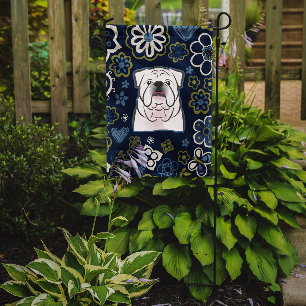 Blue Flowers White English Bulldog  Flag Garden Size BB5071GF  the-store.com.