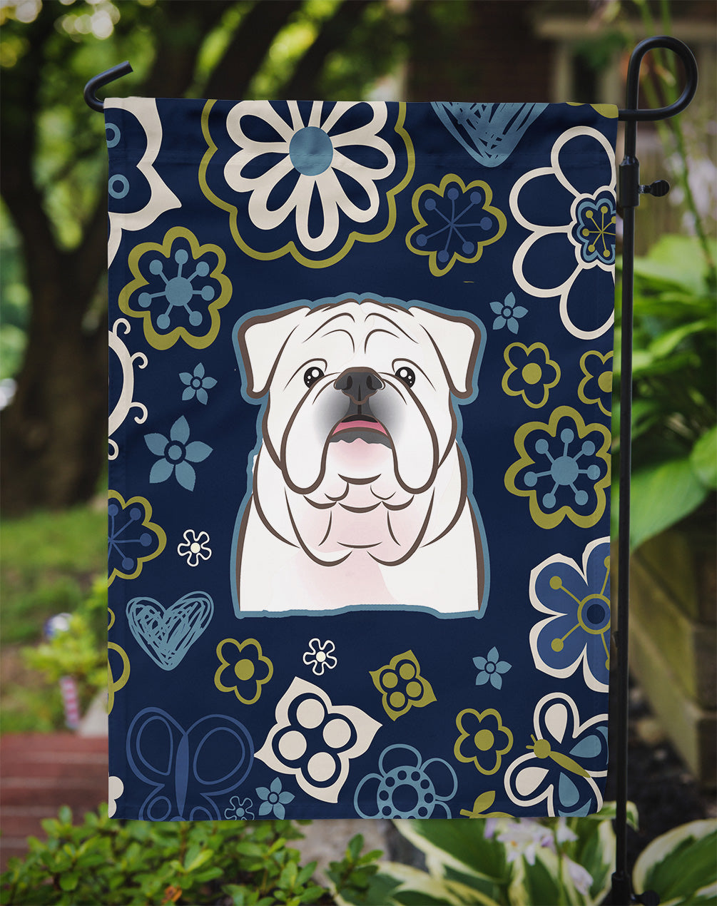 Blue Flowers White English Bulldog  Flag Garden Size BB5071GF  the-store.com.