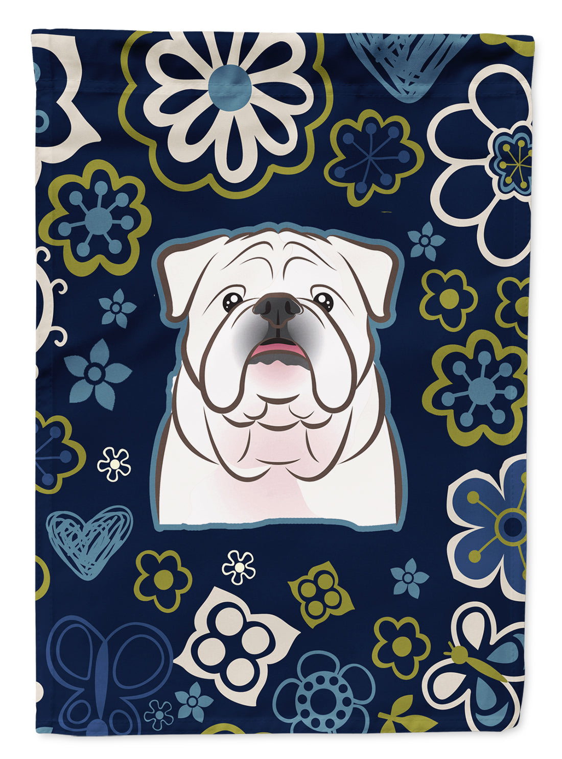 Blue Flowers White English Bulldog  Flag Garden Size BB5071GF  the-store.com.