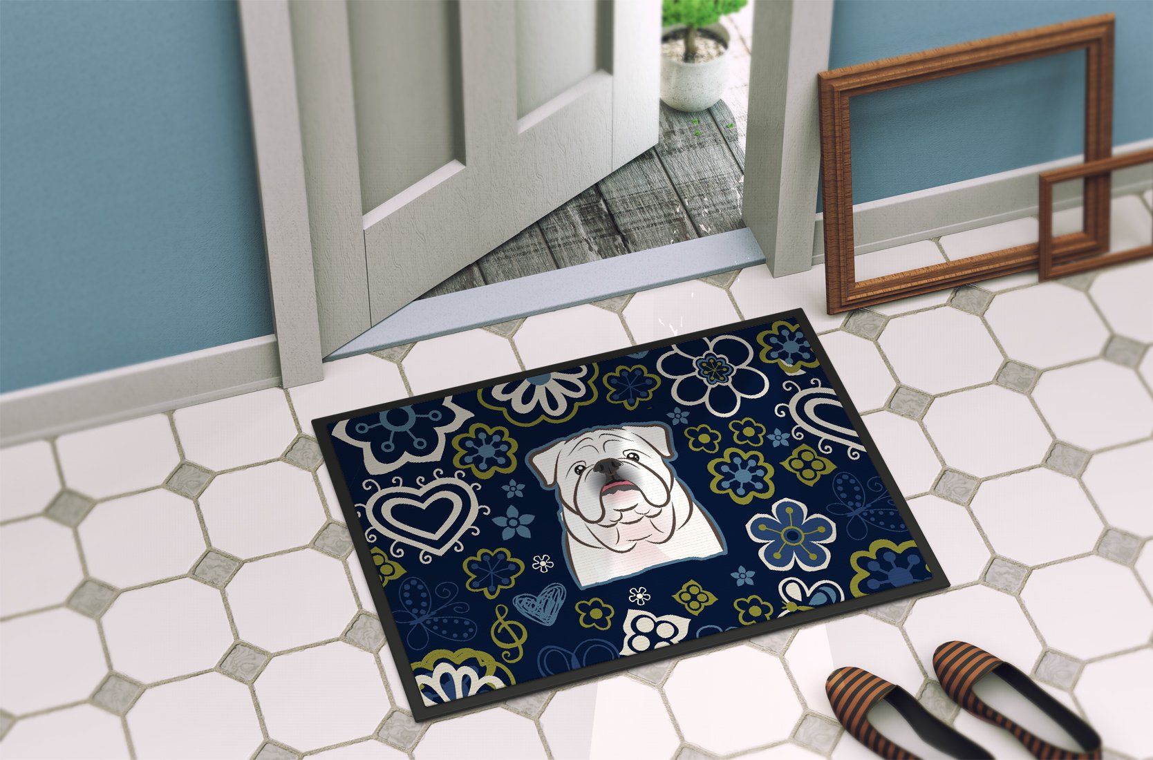 Blue Flowers White English Bulldog Indoor or Outdoor Mat 24x36 BB5071JMAT by Caroline's Treasures