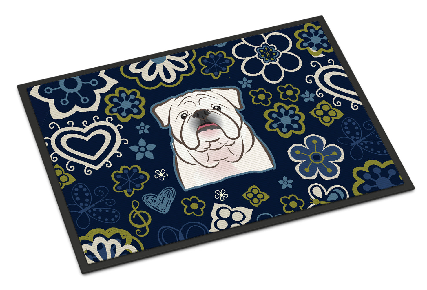 Blue Flowers White English Bulldog  Indoor or Outdoor Mat 18x27 BB5071MAT - the-store.com