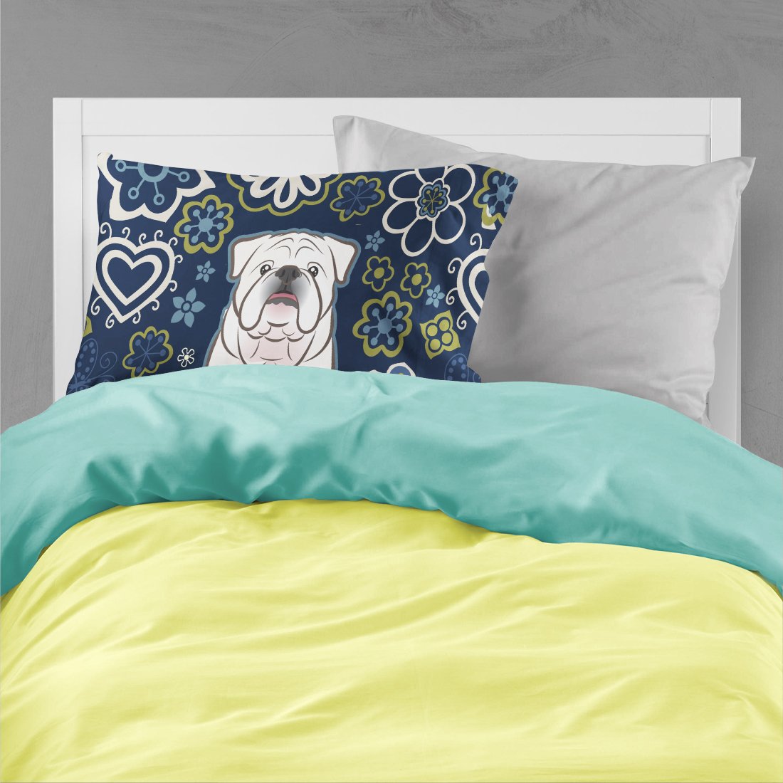 Blue Flowers White English Bulldog  Fabric Standard Pillowcase BB5071PILLOWCASE by Caroline's Treasures